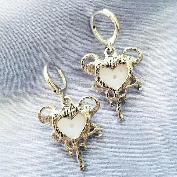 NEW Dolls Kill Cyberpunk Y2K Style Silver Earrings w/ Iridescent Dripping Hearts - Picture 6 of 6
